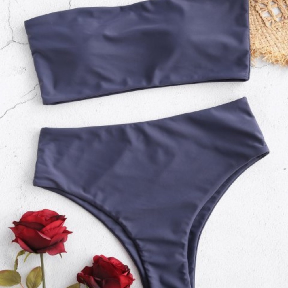 High waisted blue grey bandeau bikini set